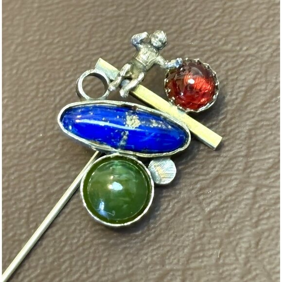 Vintage Cherub Sterling & Vermeil Lapis Garnet Jade Abstract Lapel Stick Pin - Picture 1 of 11